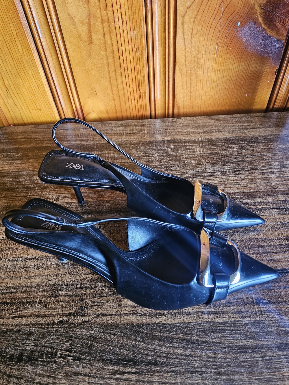 ZARA Black Pointed Slingback Heels with Gold Accent
